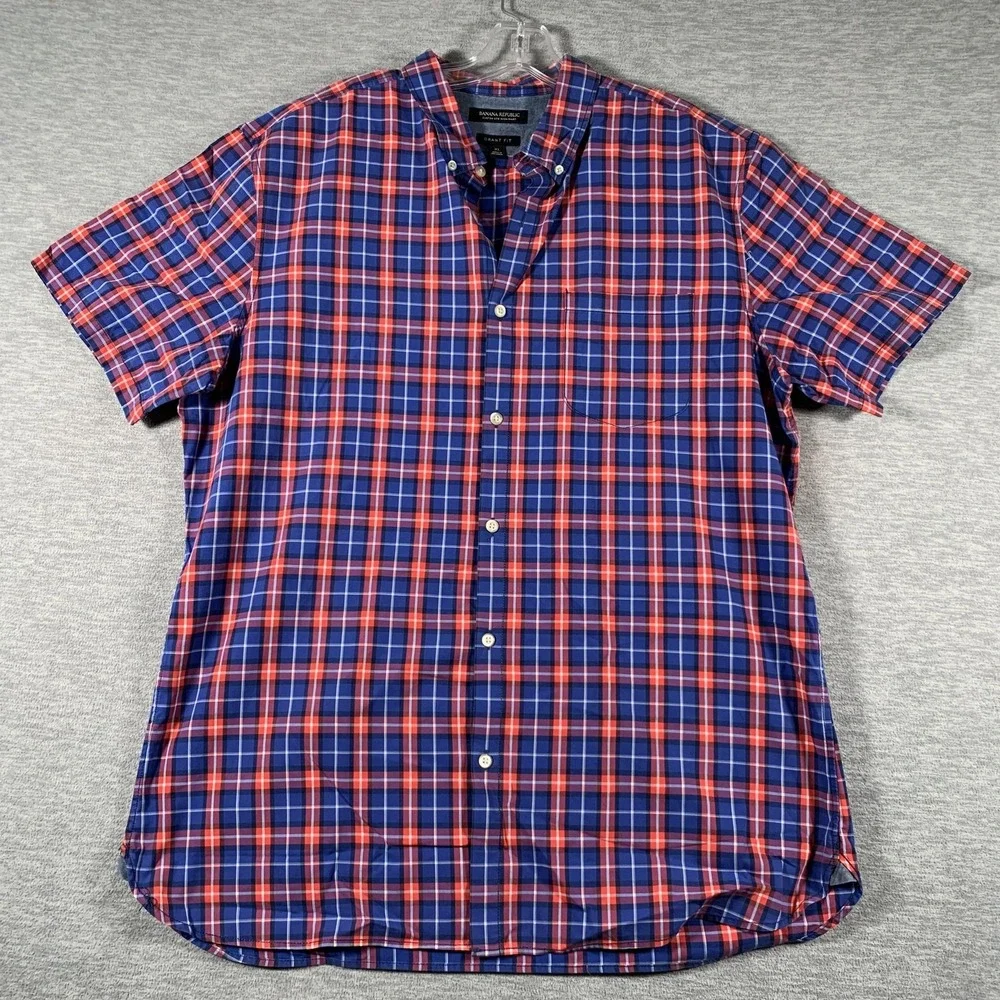 Banana Republic Shirt Mens XL‎ Blue Red Plaid Grant Fit Button-Down Short Sleeve